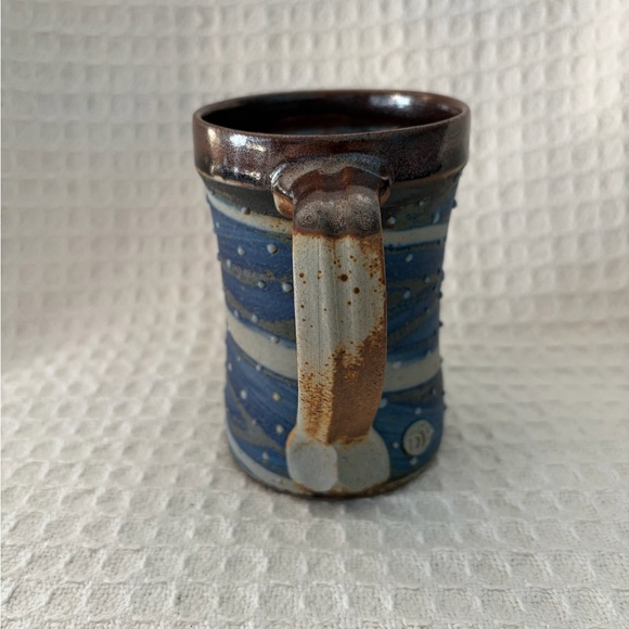 Beautiful Handmade Pottery Mug In Blue, Brown & Gray With Raised Dots And Swirls - Picture 2 of 7